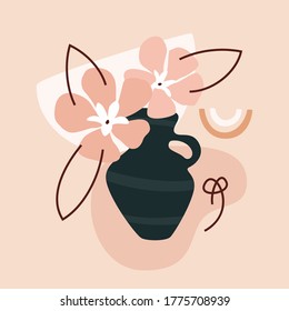 Clay pot and oleander bloom. Abstract trendy composition on a blush pink background. Modern illustration for web or app design, wall decoration, print materials.
