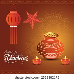 Una olla de arcilla rebosante de monedas de oro, diyas y linternas colgantes Un patrón de estrella y mandala realza el fondo con Happy Dhanteras en una fuente festiva que transmite prosperidad y celebración