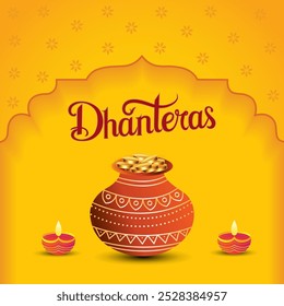  A clay pot overflowing with gold coins surrounded by two lit diyas he background is a vibrant yellow with decorative elements and the text Dhanteras written in a festive font