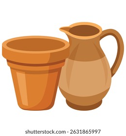Clay pot and pitcher illustration, perfect for gardening, cooking, or rustic designs.