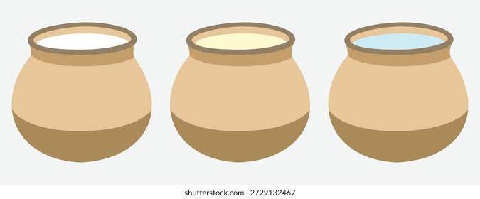 Conjunto de olla de arcilla con diferentes contenidos, ilustración simple en blanco