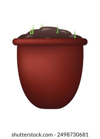 Clay pot with soil. Vector 3D clipart isolated on white background.