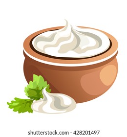 Clay pot with sour cream isolated on white background. Vector cartoon close-up illustration.