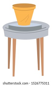 Clay pot standing on special wheel equipment, table or chair, brown pot. Earthenware element of decoration, handmade simple souvenir, hobby element vector