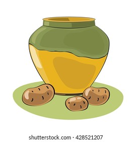 Clay pot with steamed potatoes. Restaurant menu. Vector illustration.