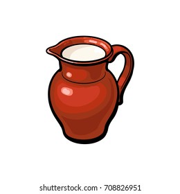 Clay pot, stoneware jug full of fresh cow, goat, sheep milk, sketch style vector illustration on white background. Realistic hand drawing of clay pot, stoneware jug with cow, sheep, goat milk