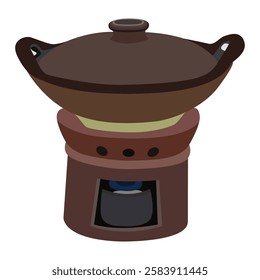 Clay pot with stove illustration for cooking, vintage kitchen, and gastronomy