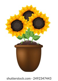 Clay pot with sunflowers. Vector 3D clipart isolated on white background.