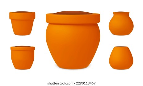 Clay pots 3d isolated set. Empty pot with ground for plants. House garden elements, realistic vector flowerpot clipart