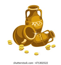 Clay pots and gold coins. Vector illustration.