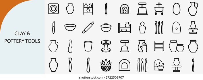 “Conjunto de iconos de línea delgada de herramientas artesanales de cerámica y cerámica de arcilla tradicional”