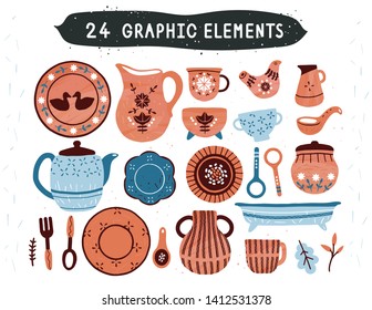 Clay pottery, handmade ceramics, potter hobby, vintage village folk china, set of old ornamented dishes. Kitchen ecological, traditional plates, mugs, pots. Cute illustration. Isolated vector utencil