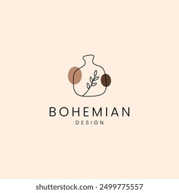 clay pottery with leaf twig decoration in bohemian logo design style