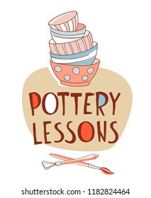 Clay Pottery Lessons Studio. Artisanal Creative Craft logo concept. Handmade traditional pottery making, stack of bowls, cups, dishes and crockery hand drawn vector illustration doodle style