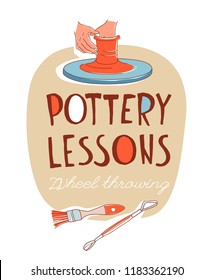 Clay Pottery Lessons Studio. Artisanal Creative Craft logo concept. Handmade traditional pottery making, hands shaping vase on spinning wheel red clay hand drawn vector illustration doodle style