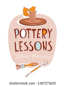 Clay Pottery Lessons Studio. Artisanal Creative Craft logo concept. Handmade traditional pottery making, hands shaping vase on spinning wheel red clay hand drawn vector illustration doodle style