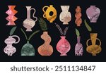 Clay pottery set. Ancient decorative vase and potters recent vector ceramic abstract design vessels