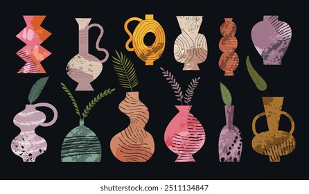 Conjunto de cerámica de arcilla. Jarrón decorativo antiguo y vasijas de diseño abstracto de cerámica de Vector reciente