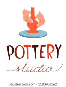 Clay Pottery Studio. Artisanal Creative Craft logo concept. Handmade traditional pottery making, hands shaping vase on spinning wheel red clay; hand drawn vector illustration sketch doodle style