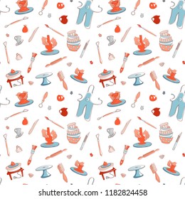 Clay Pottery Studio seamless pattern background. Artisanal Creative Craft concept. Handmade traditional pottery making, hand drawn vector illustration doodle style