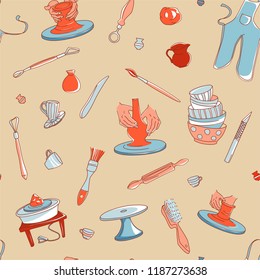 Clay Pottery Studio seamless pattern background. Artisanal Creative Craft concept. Handmade traditional pottery making, hand drawn vector illustration doodle style