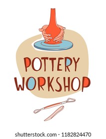 Clay Pottery Workshop Studio. Artisanal Creative Craft logo concept. Handmade traditional pottery making, hands shaping vase spinning wheel red clay hand drawn vector illustration sketch doodle style