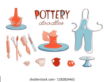 Clay Pottery Workshop Studio icons set. Artisanal Creative Craft concept. Handmade traditional pottery making, hand drawn vector illustration doodle style