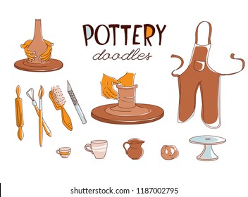 Clay Pottery Workshop Studio icons set. Artisanal Creative Craft concept. Handmade traditional pottery making, hand drawn vector illustration doodle style