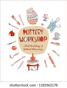 Clay Pottery Workshop Studio invitation. Artisanal Creative Craft logo concept. Handmade traditional pottery making, hand drawn vector illustration doodle style