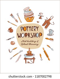 Clay Pottery Workshop Studio invitation. Artisanal Creative Craft logo concept. Handmade traditional pottery making, hand drawn vector illustration doodle style