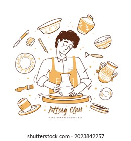 Clay Pottery Workshop Studio vector set.  Handmade traditional pottery making, hand drawn vector illustration doodle style.