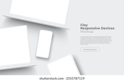 Clay Responsive Devices Mockup. Laptops, Tablet Computer, Smartphone. Vector Illustration