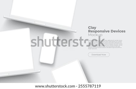 Clay Responsive Devices Mockup. Laptops, Tablet Computer, Smartphone. Vector Illustration