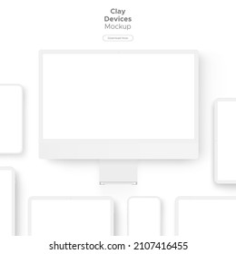 Clay Responsive Devices Mockup. White Computer Monitor, Tablet, Smartphone. Vector Illustration