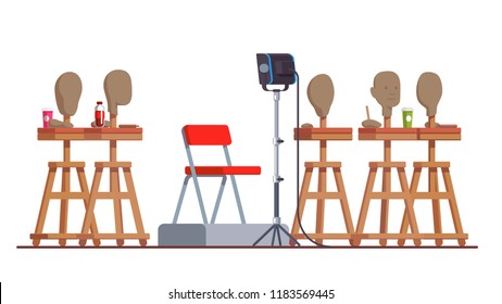 Clay sculpture modeling class in art studio with handmade head on stand & model podium with chair. Creativity hobby & handicraft work. Sculptor workplace interior. Flat vector illustration