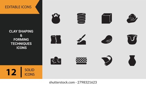 Clay shaping and forming techniques solid icons representing pottery construction methods molding processes creative craftsmanship and ceramic design development.