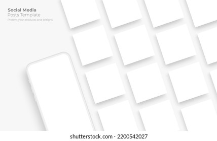 Clay Smartphone With Blank Square Social Media Posts Templates for Bloggers or Brand Designs. Vector Illustration