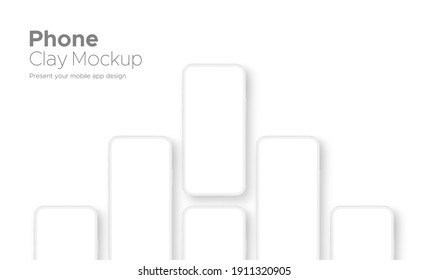 Clay Smartphones with Blank Screens Isolated on White Background. Mockup for Showing App Design. Vector Illustration