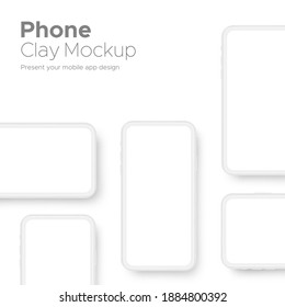 Clay Smartphone-Mockups für Showcase Mobile App Design, einzeln auf weißem Hintergrund. Vektorgrafik