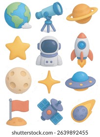 Clay Space Icons - 3D Cartoon Outer Space and Galaxy Adventure Set