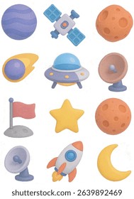 Clay Space Icons - 3D Cartoon Outer Space and Galaxy Adventure Set