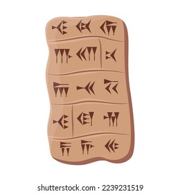 Clay, stone or rock tablet with alphabet of ancient civilization or Mesopotamia on white background. Babylonian or Sumerian script vector illustration. Science concept