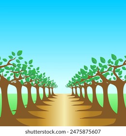 Clay street in the middle of trees on a fresh garden and sky illustration design vector