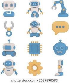 Clay Style Robot 3D Icons Set - Cute Cartoon AI and Robotics Illustration