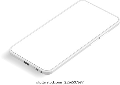 Clay style white smartphone with blank screen showing power and volume buttons lying on white background is perfect for showcasing mobile apps or websites