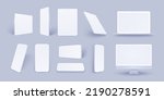 Clay tablet and phone pack in different angles isolated, realistic white laptop and personal computer template. 3D generic device illustration mock up with blank screen for promo or business.