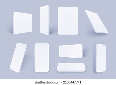 Clay tablet and phone pack, realistic white mobile phone and pad template in different angles isolated. 3D generic device illustration mock up for presentation ui design or application.