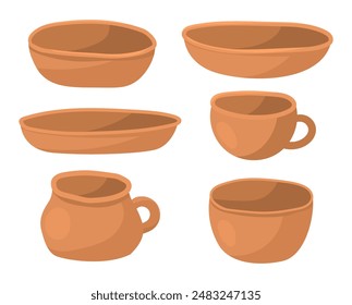 Clay tableware, hand made ceramics. Set of plates and mugs. Vector illustration in flat style isolated