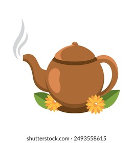 clay tea pot with flowers isolated