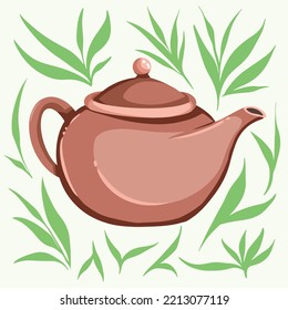 Ilustración vectorial de maceta de té de arcilla con decoración de hojas verdes y fondo verde claro. Dibujo de caricatura de estilo artístico simple
